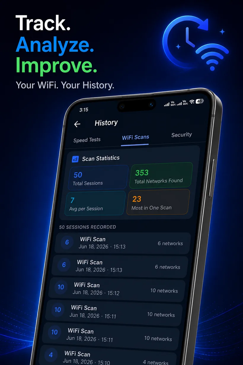 History screen with scan statistics and recorded sessions