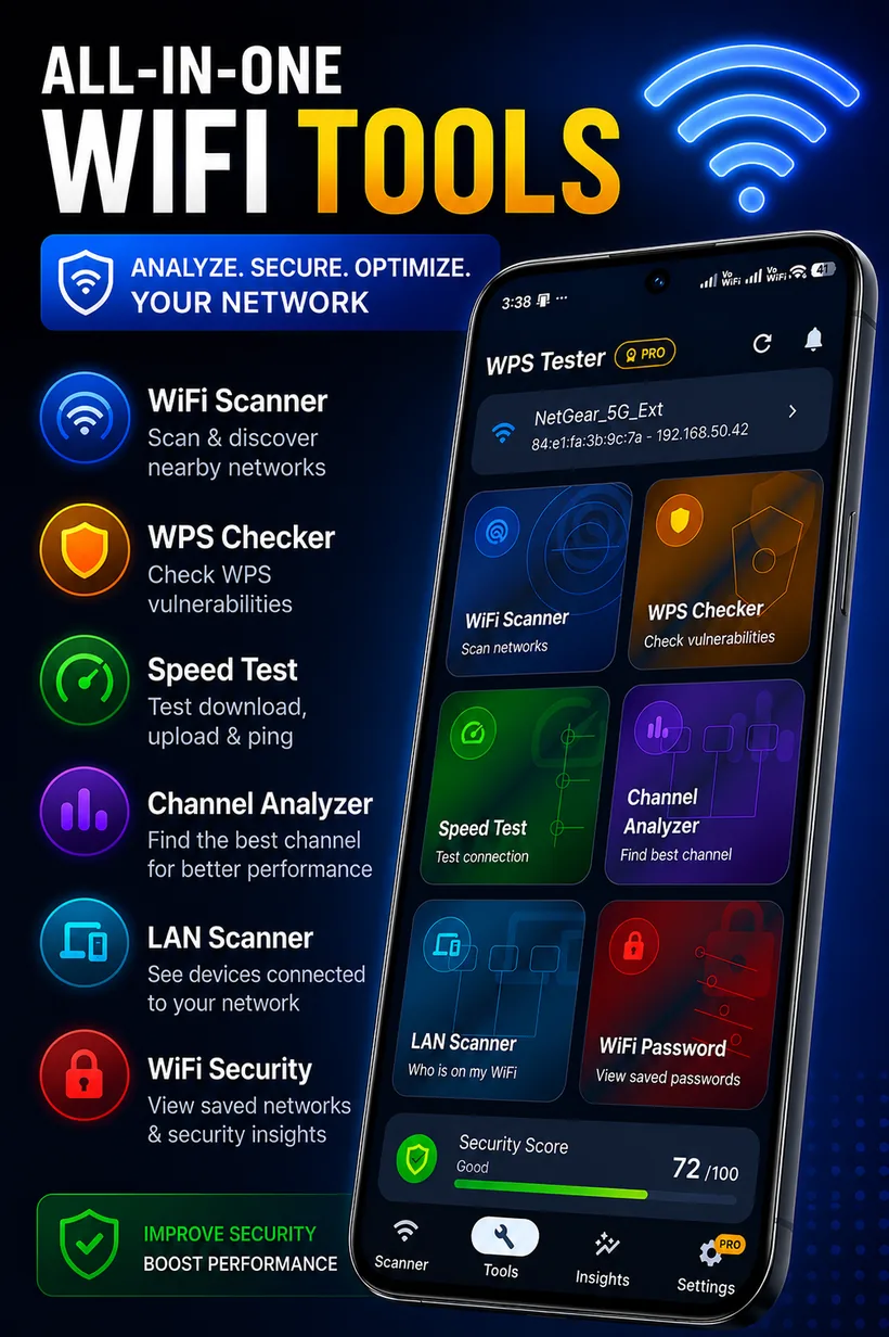 WiFi Analyzer home screen showing the WiFi tools grid and a network security score