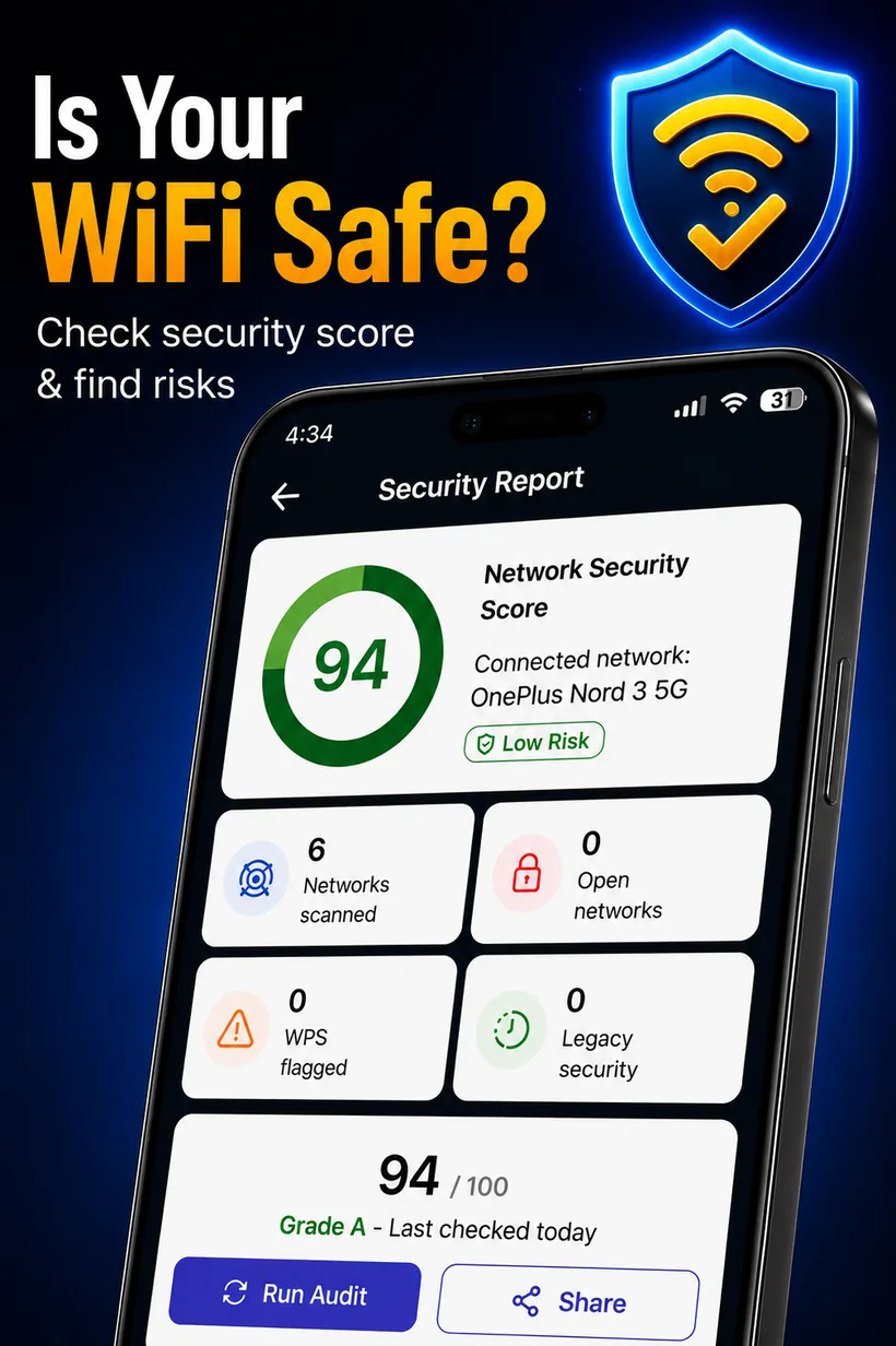 Security report screen with a 94 out of 100 network security score