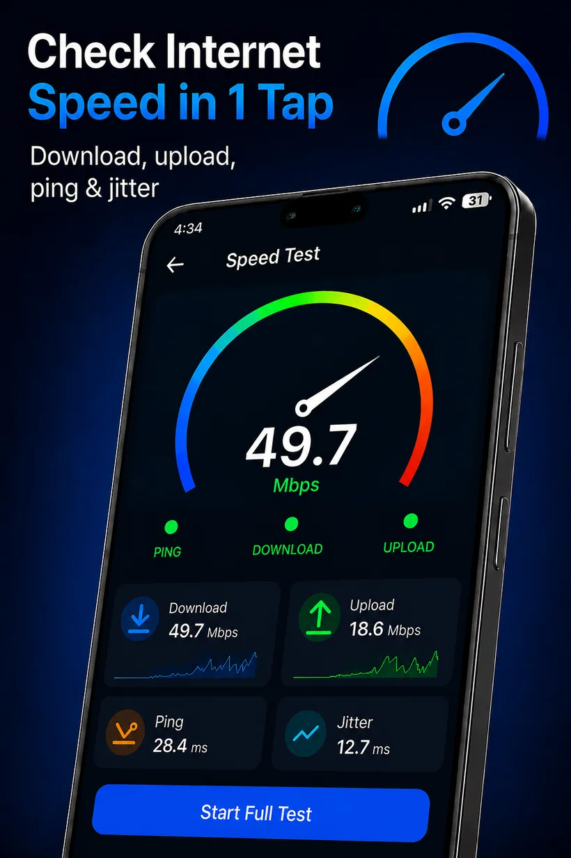 Speed test screen showing 49.7 Mbps on a gauge